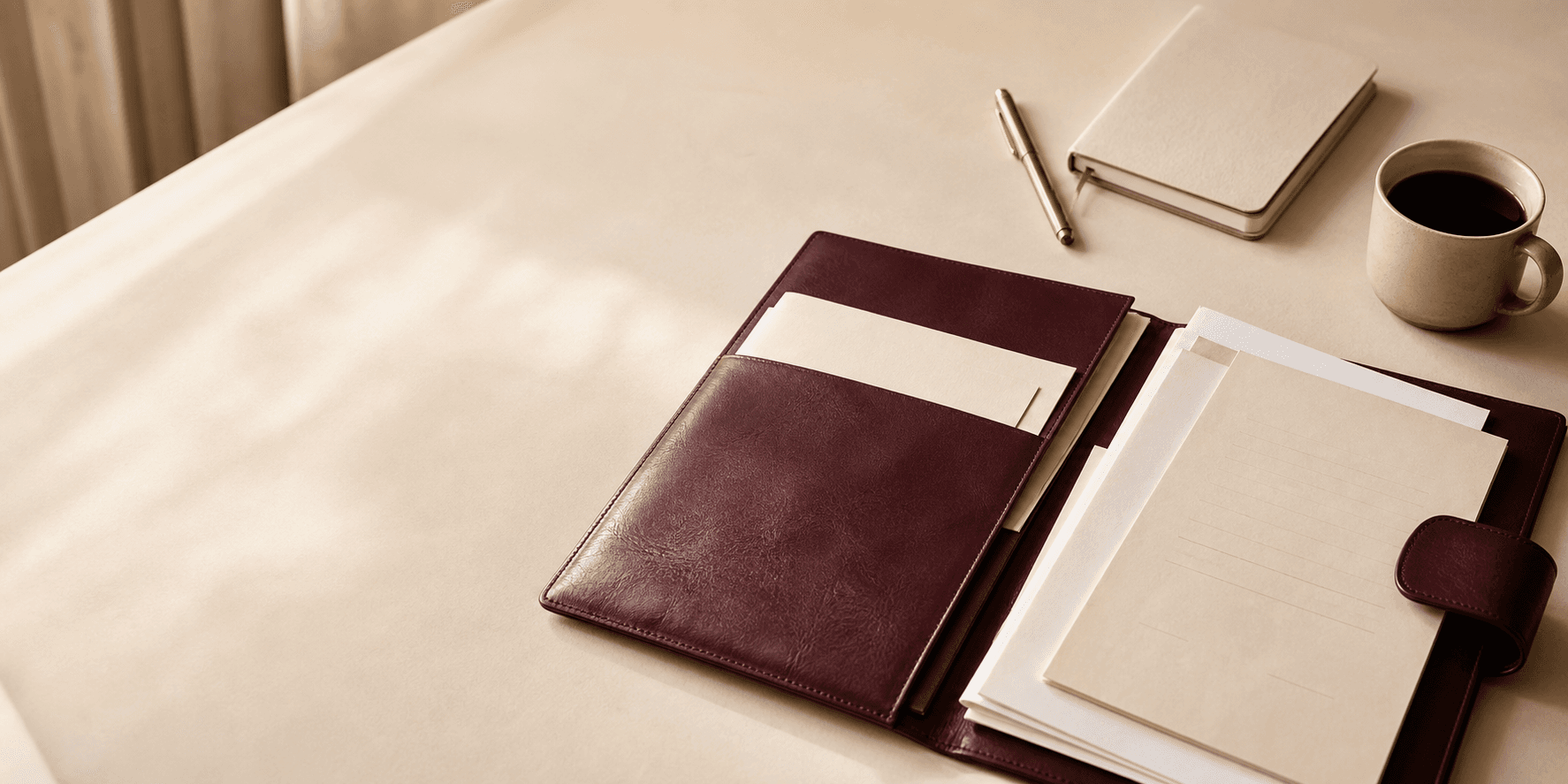 Burgundy binder with neatly organised accounting documents